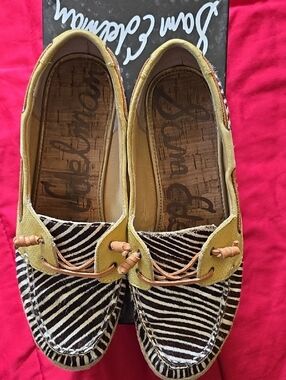 Sam Edelman Zebra-Print Moccasins with Mustard Trim Cork Insoles
